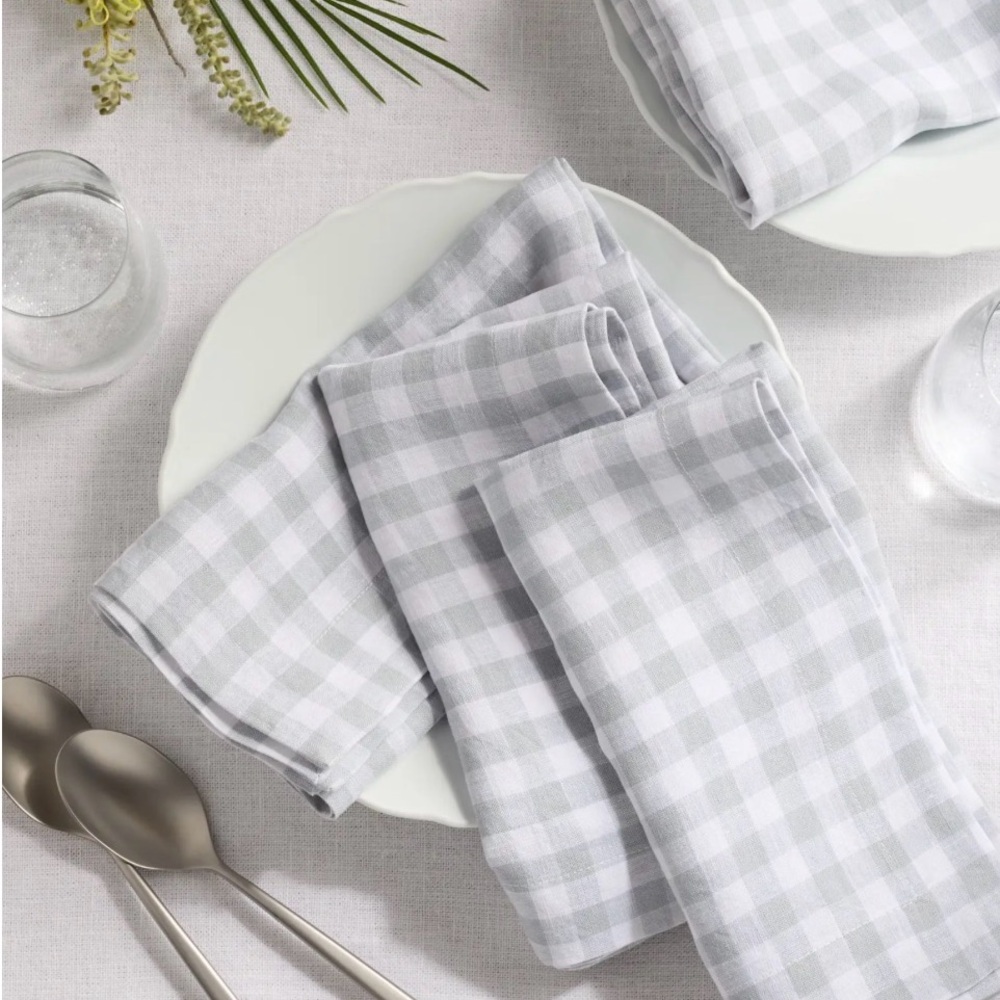 Quince Linen Blue Fog Gingham Napkins Set of 4 - New